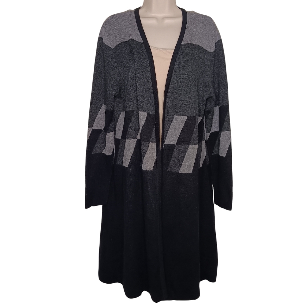 NEW YORK & COMPANY Duster Cardigan Size Large Knit Open Front Black & Gray